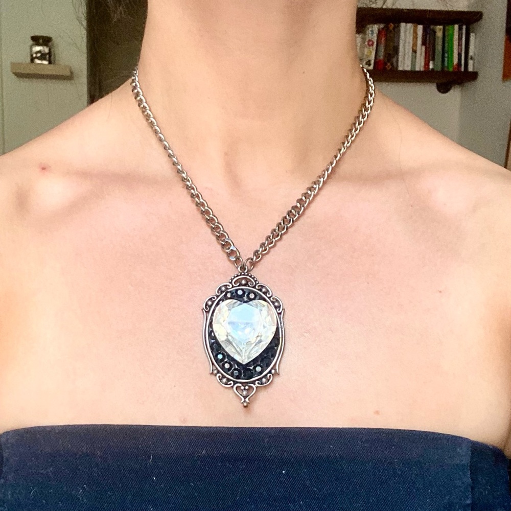Silver Chain Necklace with Black Heart Pendant